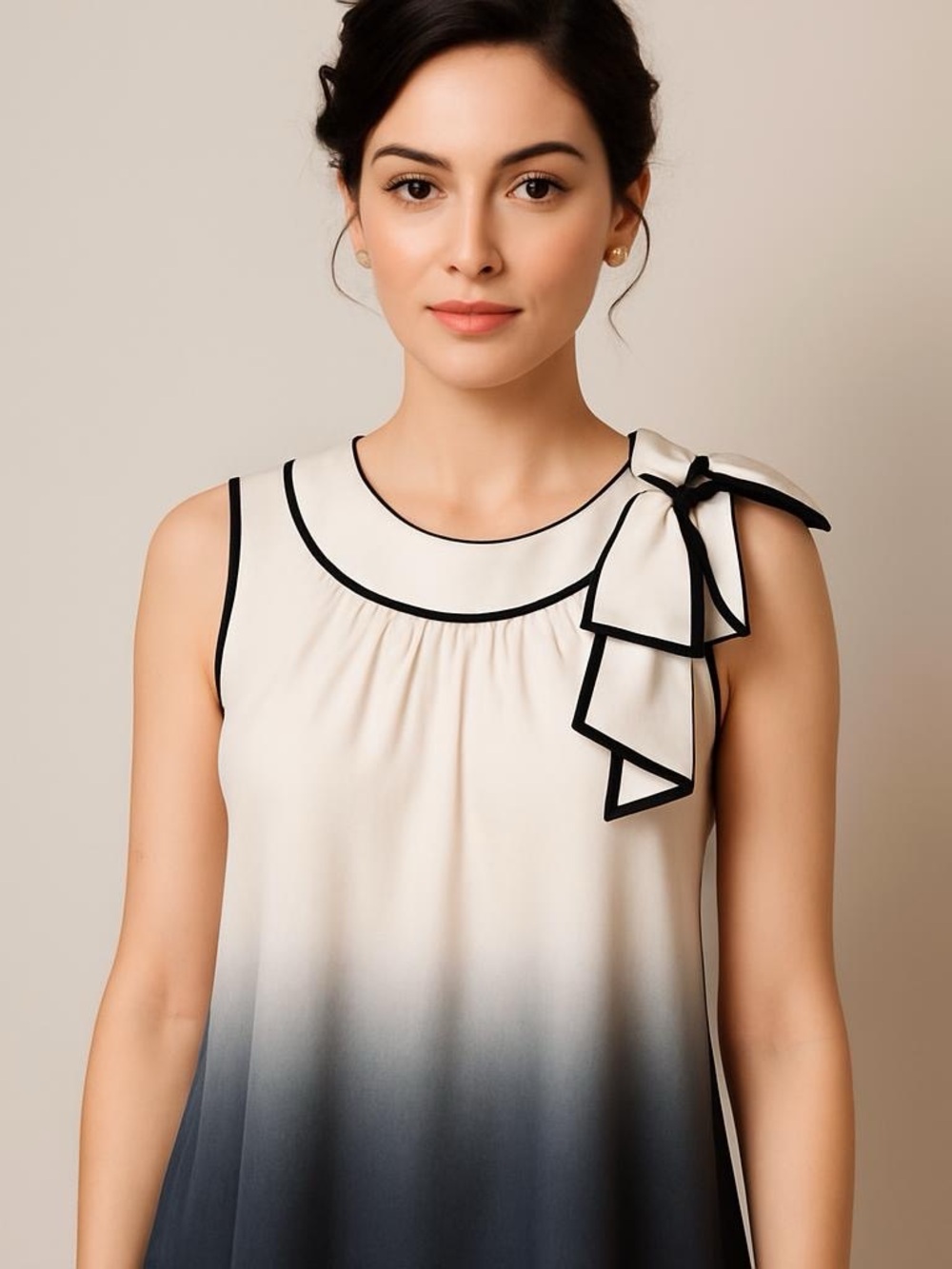 Harold's Silk Ombre Sleeveless‎ Bow Blouse Cream Navy Blue 59707 Small